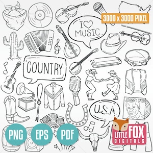 Instrumentos de MÚSICA COUNTRY. Clipart de música americana. Ícones de dança tradicional do Western Doodle Scrapbook. Arte de linha desenhada à mão. Conjunto de design de arte.