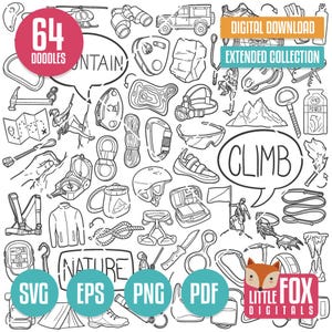 CLIMB SVG doodle icona vettore. Climber Doodle Clipart. Cut File Rock Climbing Equipment Tools Adventure Hand Sketch Line Art Hand Drawn.