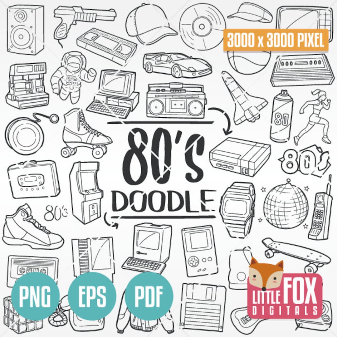 80 s Years Icons Doodle Set Eighties Icons Clipart Scrapbook Retro