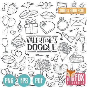 Saint-Valentin, amour romantique Clip art. Célébration des fêtes d'amour Doodle Clipart scrapbooking. Enseignant à colorier icône dessin au trait dessinés à la main.