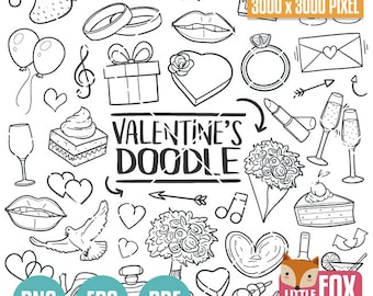 Valentine's Day Doodle Clipart, Love Celebration Icons (PNG, EPS, PDF)