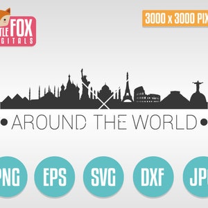SVG VECTOR Around The World. Cuttable Skyline Travel. Silhouette Clipart World. World Skyline Monuments. Svg Skyline Vector World. Cut File.