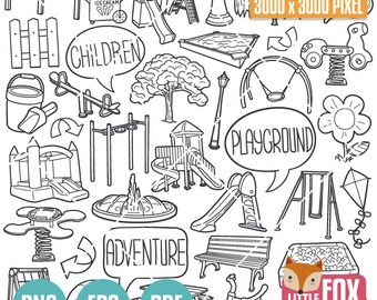 PLAYGROUND, doodle vector icons. Children Park Traditional Doodle Icons Clipart. Hand Drawn Line Art Design Artwork  Coloring Sketch.