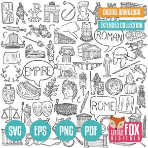 IMPERIO ROMANO SVG, vectores de iconos de Doodle. Imágenes Prediseñadas de iconos de Doodle de historia del arte. Antigua Roma dibujada a mano. Boceto para colorear de diseño de línea de gladiador.