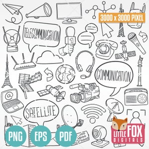 TELECOMMUNICATIE en INTERNET Doodle pictogram illustraties. Digitale verbindingen Clipart handgetekende lijn. Sociale netwerken instellen kunstwerk Vector.