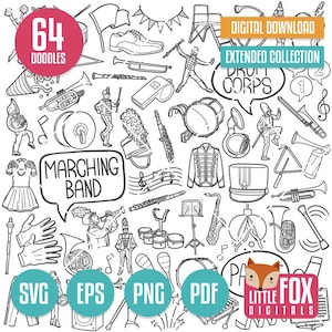 BANDA DE MARCHA SVG, iconos de doodle de clipart. Ilustración vectorial de banda de música dibujada a mano. Clip art de uniforme de álbum de recortes. Línea para colorear imprimible.