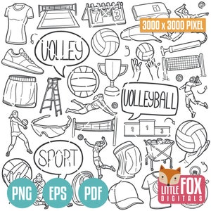 VOLLEYBALL, Sport Vector Volley Doodle Icons Clipart. Beach Black and White Scrapbook Set Hand Drawn Line Art Design Set Artwork Clip Art.
