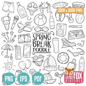 SPRING BREAK, Music Festival Party. Happy Vacations Doodle Icons. Clipart Scrapbook Set Hand Drawn Line Design Clip Art Coloring Sketch. image 1