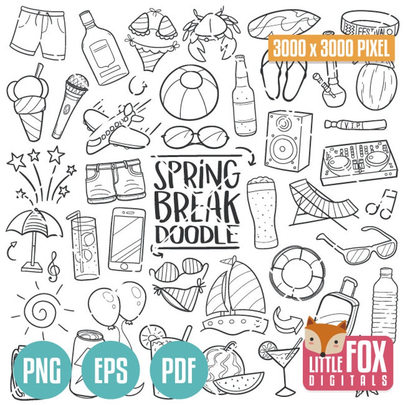 SPRING BREAK, Music Festival Party. Happy Vacations Doodle Icons. Clipart Scrapbook Set Hand Drawn Line Design Clip Art Coloring Sketch. image 1