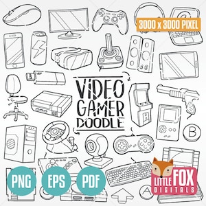 GAMER, gekritzel Vektor-Icons. Computer Spiel Doodle Icons Clipart. Set Handgezeichnet Linie Kunst Design Set Kunstwerk Clip Art Färbung Skizze.