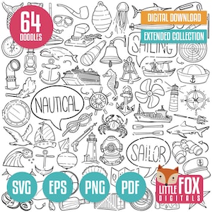 Könnte beinhalten: Ein Schwarzweiß-Illustrationsset mit 64 nautischen Kritzeleien. Die Kritzeleien beinhalten eine Vielzahl von nautischen Themen, wie Schiffe, Anker, Möwen und Leuchttürme. Der Text "64 DOODLES", "NAUTICAL", "SAILOR", "SHILING", "SVG EPS PNG PDF", "LITTLE FOX DIGITALS" ist im Bild enthalten.
