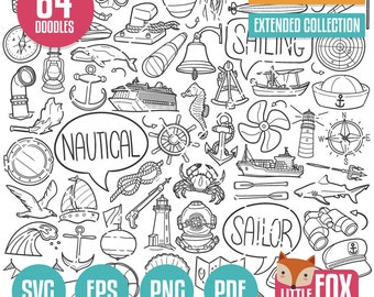 NAUTICAL SVG doodle vector icons. Sailor Ocean Travel Sea Clipart. Sea Boat Hand Drawn Sketch Line Coloring Hand Drawn Colection Design.