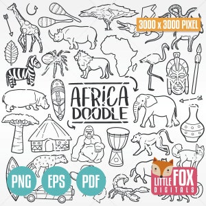 AFRIKA Travel Doodle Icons, afrikanische Tiere Clipart Scrapbook Set. Handgezeichnete Skizze Linie Kunst Färbung Linie Kunst Hand gezeichnete Kritzel-Skizze.