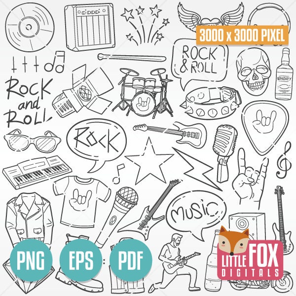 ROCK AND ROLL, doodle vector icons. Music Doodle Icons Rocker Scrapbook Set Hand Drawn Clip Art. Scribble Sketch Illustration Coloring.