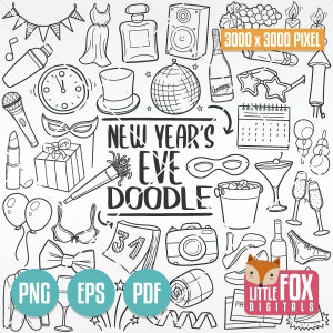 NOUVEL AN, icônes de griffonnage de fête. Vacances, art conceptuel, dessin animé, griffonnage, icônes, clipart, scrapbooking. Croquis de fête dessiné main art ligne à colorier.