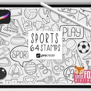 SELLOS DEPORTIVOS, Pinceles Procreate, Íconos deportivos, Garabatos de paquetes deportivos. Pelotas de fútbol Digital Sticker Planner Scrapbook Set para colorear.