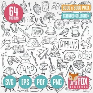 CAMPING SVG, iconos vectoriales de garabatos. Naturaleza Montaña Campamento Día Bosque Familia Amigos Vacaciones Iconos de garabatos Clipart. Conjunto de ilustraciones para colorear Boceto.