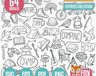 CAMPING SVG, doodle vector icons. Nature Mountain Camp Day Forest Family Friends Holidays Doodle Icons Clipart. Set Artwork Coloring Sketch.