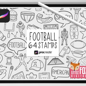 FOOTBALL STAMPS, Procreate Brushes, Sport Icons, Sport Bundle Doodles. American Football Digital Sticker Planner Scrapbook Set Coloring.