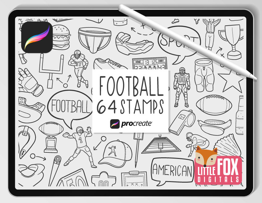 FOOTBALL STAMPS, Procreate Brushes, Sport Icons, Sport Bundle Doodles. American Football Digital Sticker Planner Scrapbook Set Coloring.