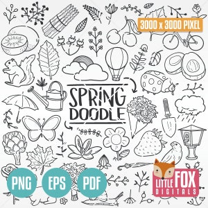 SPRING, doodle icon vectors. Season Plants and Flowers Doodle Icons Clipart. Set Hand Drawn Line Art Design Clip Coloring Sketch Scribble.