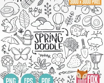 SPRING, doodle icon vectors. Season Plants and Flowers Set Hand Drawn Line Art Design.