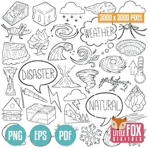 DISASTRI NATURALI, icone vettoriali doodle. Icona doodle del terremoto, clipart. Set di simboli ambientali, illustrazione, scarabocchio a mano, linea.