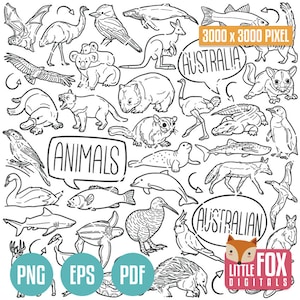 Pode incluir: Ilustrações em preto e branco de animais australianos, incluindo um canguru, coala, wombat, equidna, kookaburra e muito mais. O texto "Animais" e "Australiano" estão incluídos em balões de fala. O texto "3000 x 3000 Pixel" também está incluído. A imagem é etiquetada com "PNG, EPS, PDF" na parte inferior.