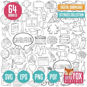 GRADUATION SVG, Graduated Doodle vector icons. Doodle Icons Clipart Scrapbook Set Hand Drawn Line Art. Design Set Artwork Coloring.