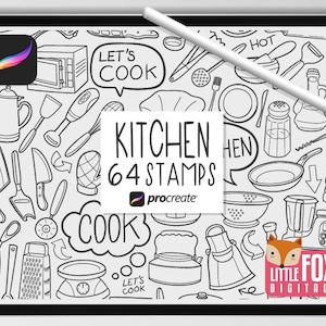SELOS DE COZINHA, Pincéis Procreate, Ícones de Ferramentas de Cozinha, Doodles de Pacote de Cozinha. Chef digital adesivo planejador scrapbook conjunto para colorir.