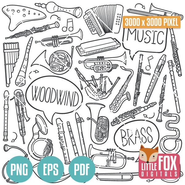 WIND MUSIC INSTRUMENTS, doodle vector icons. Woodwind Tools Scrapbook. Brass Instruments Set Hand Drawn. Sketch Illustration Coloring.