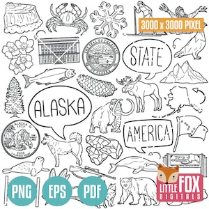 ALASKA State Symbols. American State Clipart. Alaska America, Usa Icons Doodle. Scrapbook. Alaskan Hand Drawn Line Art. Design Set Artwork.
