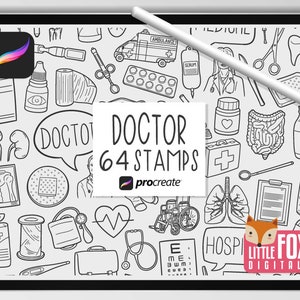 DOKTERSTEMPELS, Procreëer Borstels, Medische Pictogrammen, Ziekenhuisbundel Doodles. Geneeskunde digitale sticker planner plakboek set kleuren.