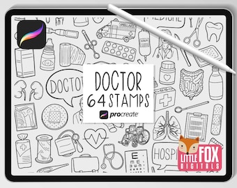 SELLOS DE DOCTOR, pinceles de procreación, íconos médicos, garabatos de paquete de hospital. Medicina Digital Sticker Planner Scrapbook Set Coloring.