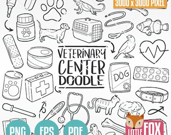 May include: Black and white doodle illustration of a veterinary center with various items including a stethoscope, a pet carrier, a syringe, a dog bone, a heart rate monitor, a dog leash, a dog food bag, a cat, a dog, a bird, a fish, a paw print, a bandage, a pill bottle, a pill container, a first aid kit, a can of food, and a dog collar. The text "VETERINARY CENTER DOODLE" is written in the center of the image.