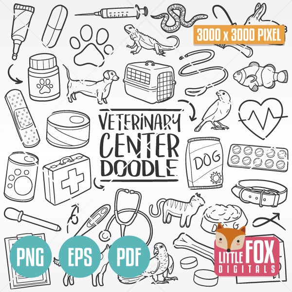 VETERINARY CLINIC, Medical Center Traditional Doodle Icons Clipart. Animals Set Hand Drawn Line Art Design Set Artwork Clip Art Coloring.