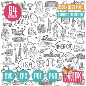 Geschiedenis van de Verenigde Staten SVG doodle vector iconen illustraties. VS Doodle pictogrammen Clipart. Amerikaanse handgetekende lijn. Amerika ontwerp kleurschets.