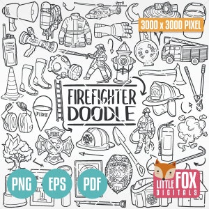 FEUERWEHRHELDEN Werkzeug. Feuerwehrmann Doodle Icons Clipart Scrapbook Set. Feuerwehrmann Hand gezeichnet Line Art Design. Kunstwerk Clip Art Ausmalen.