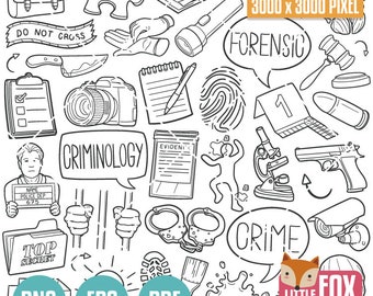 CRIMINOLOGY doodle Clip Art vector icon. Evidence Crime Clipart Scrapbook Set. Forensic Sciencist Hand Drawn Line Design Artwork Coloring.