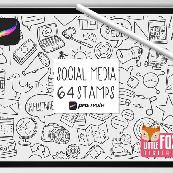 SOCIAL MEDIA STAMPS, Procreate Brushes, Technology Icons, Computer Bundle Doodles. Digital Sticker Planner Scrapbook Set Coloring.