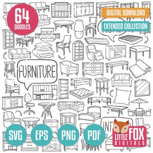 MUEBLES, iconos vectoriales de doodle SVG. Iconos de doodle de decoración del hogar Clipart. Diseño de línea dibujada a mano de conjunto de muebles Clip para colorear Boceto.
