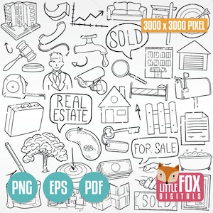 REAL ESTATE ICONS Clipart. Real-Estate Agent Home Clipart. Business Symbols Doodle Icons. Set Hand Drawn Line Art. Design Set Artwork.