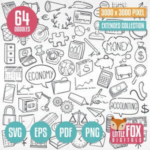 ECONOMIA, icone vettoriali doodle SVG. Contabilità Finanze Soldi Doodle Icone Clipart. Impostare il disegno della linea disegnata a mano. Impostare la colorazione dei contanti delle opere d'arte.