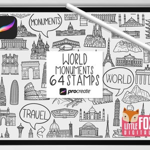 Puede incluir: Una ilustración digital de 64 monumentos del mundo en blanco y negro, incluyendo la Torre Eiffel, el Taj Mahal y la Gran Muralla China. La imagen está etiquetada como "World Monuments 64 Stamps" y "Procreate".