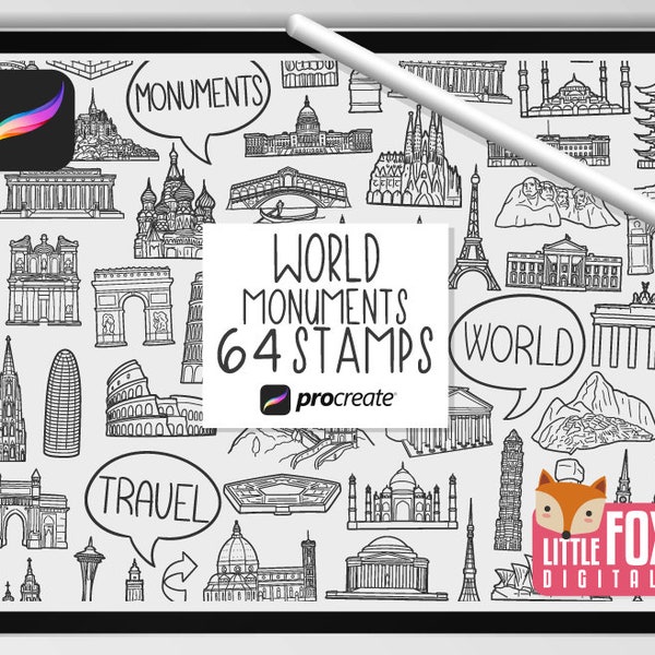 WORLD MONUMENTS STAMPS, Procreate Brushes, Famous Buildings Icons, World Wonders Bundle Doodles Digital Sticker Planner. Scrapbook Coloring.