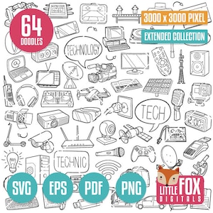TECHNOLOGY, SVG doodle vector icons. Tech Tools Mechanics. Technic Coloring Clipart Line. Electrictronic Devides Hand Drawn Scribble Designs