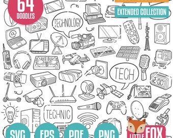 TECHNOLOGY, SVG doodle vector icons. Tech Tools Mechanics. Technic Coloring Clipart Line. Electrictronic Devides Hand Drawn Scribble Designs