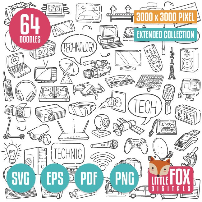TECHNOLOGY, SVG Doodle Vektor Icons. Tech-Tools Mechanik. Technik Färbung Clipart Linie. Handgezeichnete Scribble Designs