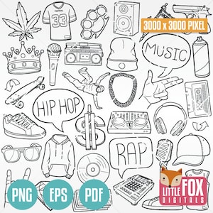 HIP HOP, Gekritzelvektorikonen. RAP Musik Doodle Icons Rapper Sammelalbum Set Handgezeichnete Clip Art. Kritzel-Skizze Illustration ausmalen.