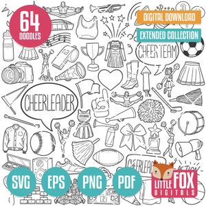Puede incluir: Un conjunto de 64 ilustraciones digitales de animadoras en blanco y negro. Las ilustraciones incluyen pompones, animadoras, megáfonos, trofeos y más. El texto "Cheerleader" está en un globo de diálogo. El texto "Descarga digital Colección extendida Equipo de animadoras" está en un globo de diálogo. El texto "SVG EPS PNG PDF Little Fox Digitals" está en la parte inferior de la imagen.